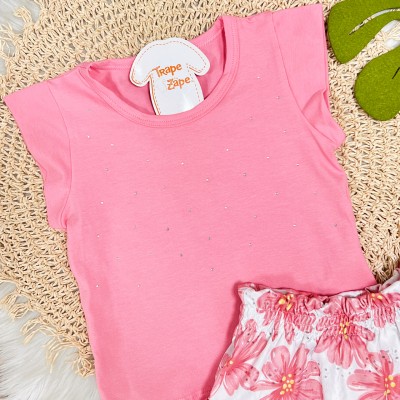 Conj. Blusa com Brilhos e Short Saia Floral - Rose